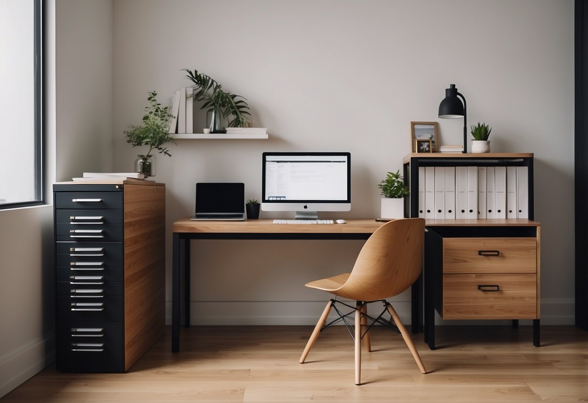 A wooden file cabinet sits against a white wall, filled with neatly organized folders. A desk nearby holds a stack of papers and a computer