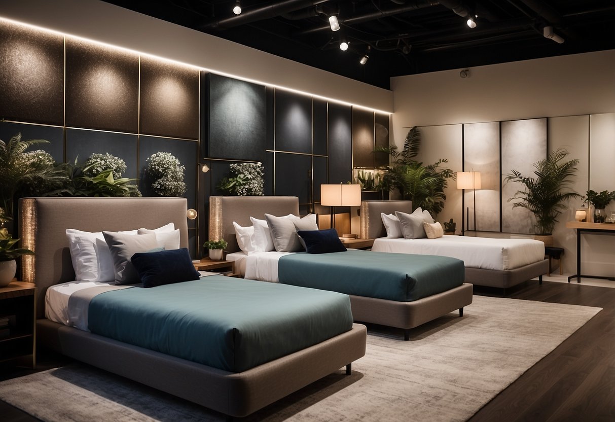 A cozy bedroom with a variety of bed frames, headboards, and mattresses displayed in a spacious and well-lit showroom