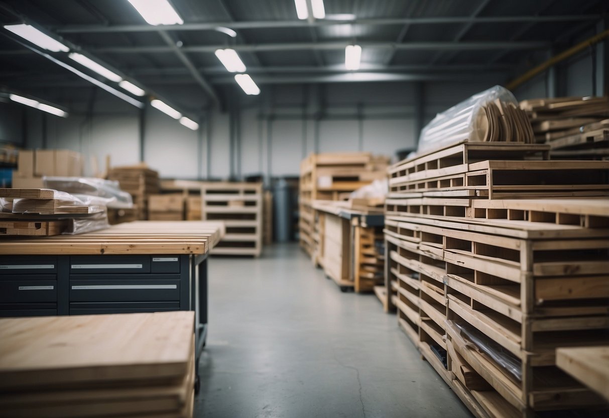 Various materials like wood, metal, and plastic are arranged in a workshop, ready to be used for creating file storage furniture