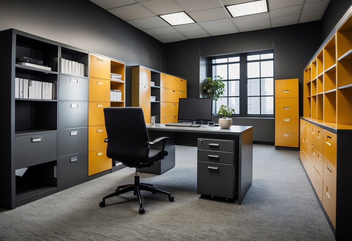 A modern office with sleek file storage cabinets and shelves, neatly organized with folders and supplies. Bright lighting and clean lines create a professional and efficient workspace