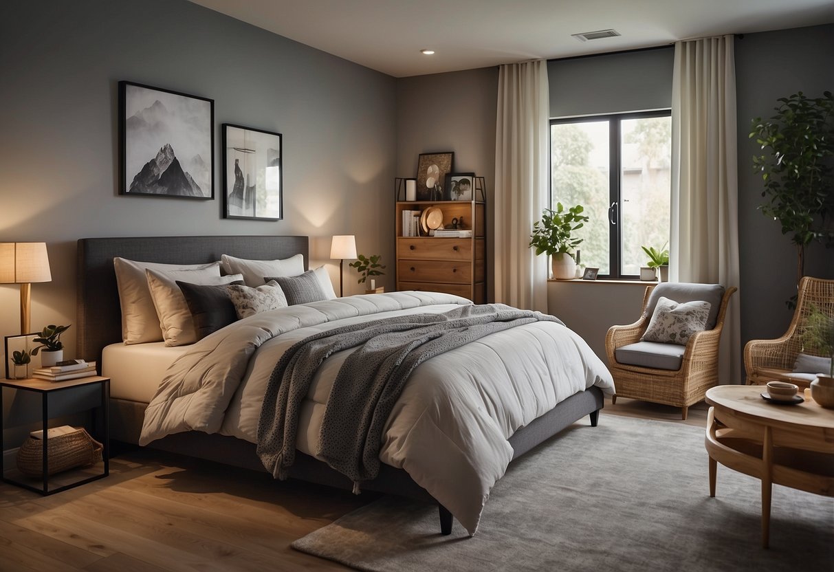 A cozy bedroom with a variety of bed furniture on display, including mattresses, frames, and bedding. A sign advertises services and offers at the store