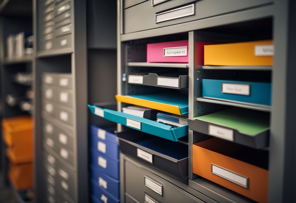 A sleek, modern file storage unit with labeled drawers and open shelves, neatly organizing papers and office supplies