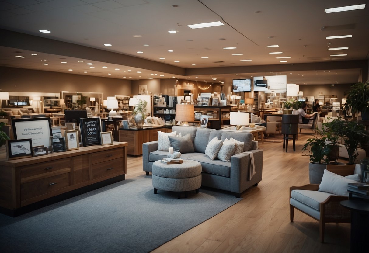 A busy store with a sign "Frequently Asked Questions" above a display of bed furniture. Customers browsing and staff assisting