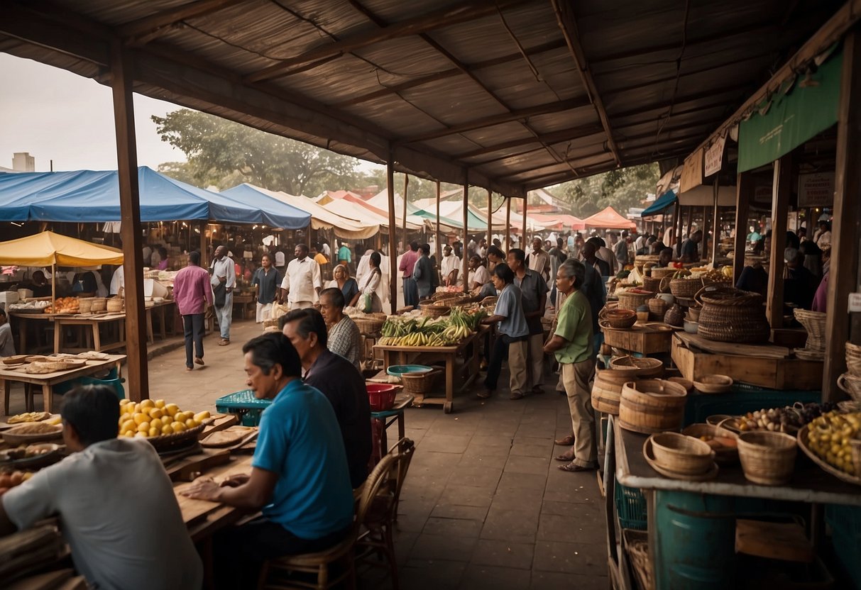 A bustling market with vendors trading old furniture. Tables, chairs, and cabinets are displayed under colorful awnings. Customers browse and haggle over prices