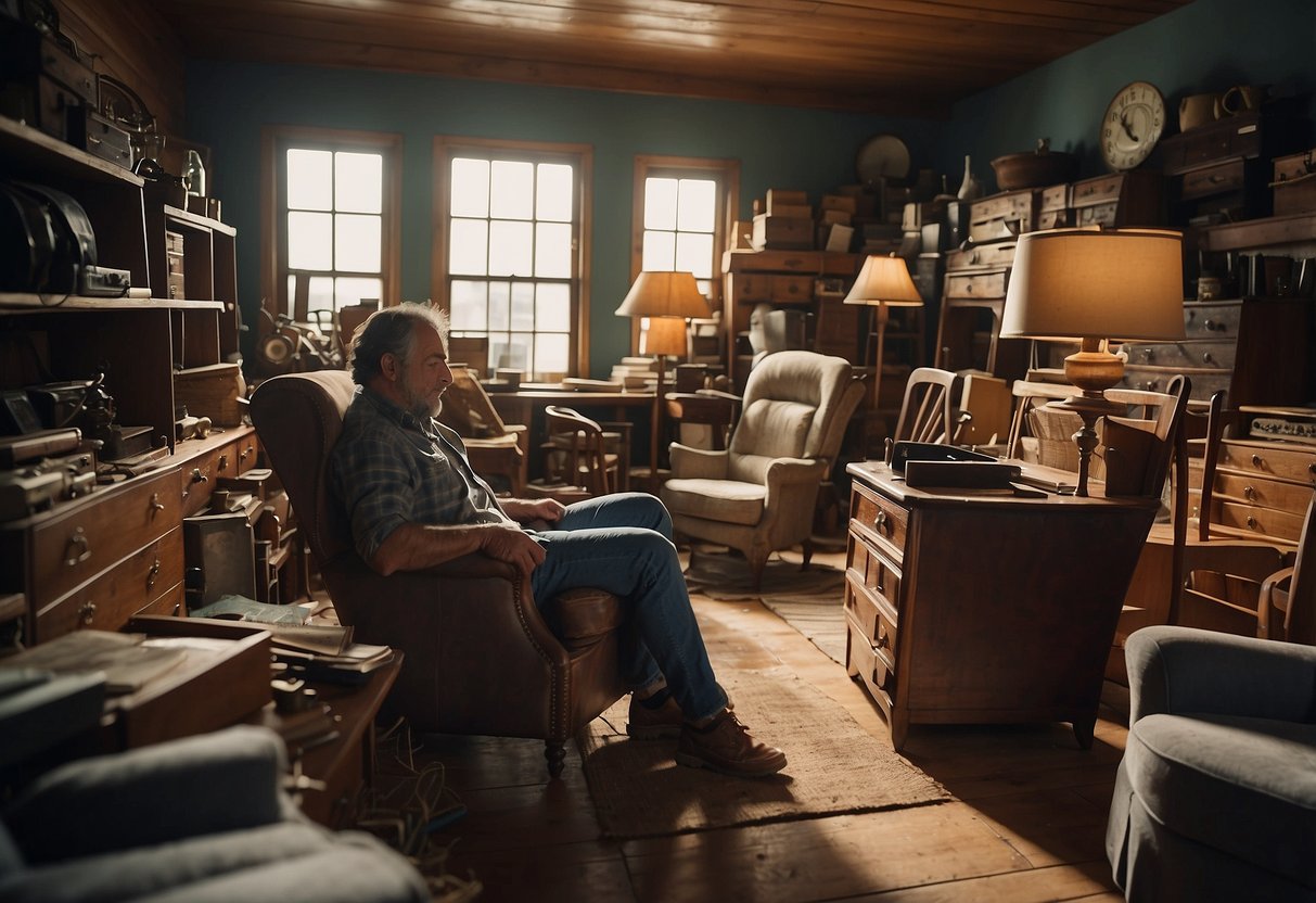 A cluttered attic filled with dusty, vintage furniture. A person browses online listings, while another carefully inspects a worn chair