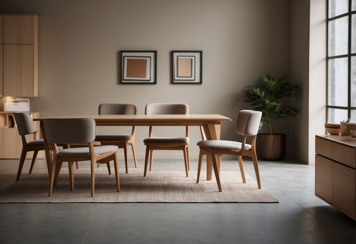 A room with scattered furniture parts: chair legs, table tops, and cabinet doors