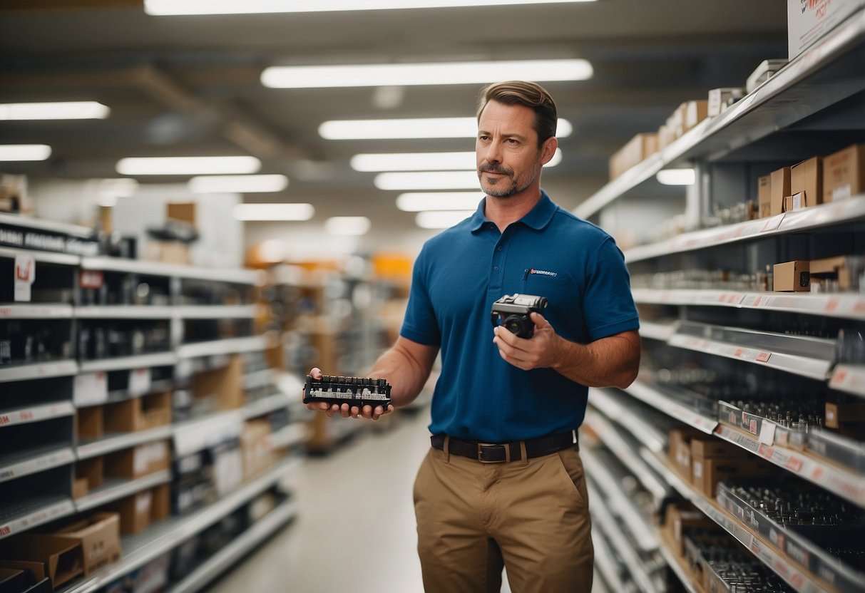 A customer browses shelves of furniture parts in a hardware store, examining knobs, legs, and hinges. Bright packaging and organized displays create a visually appealing scene