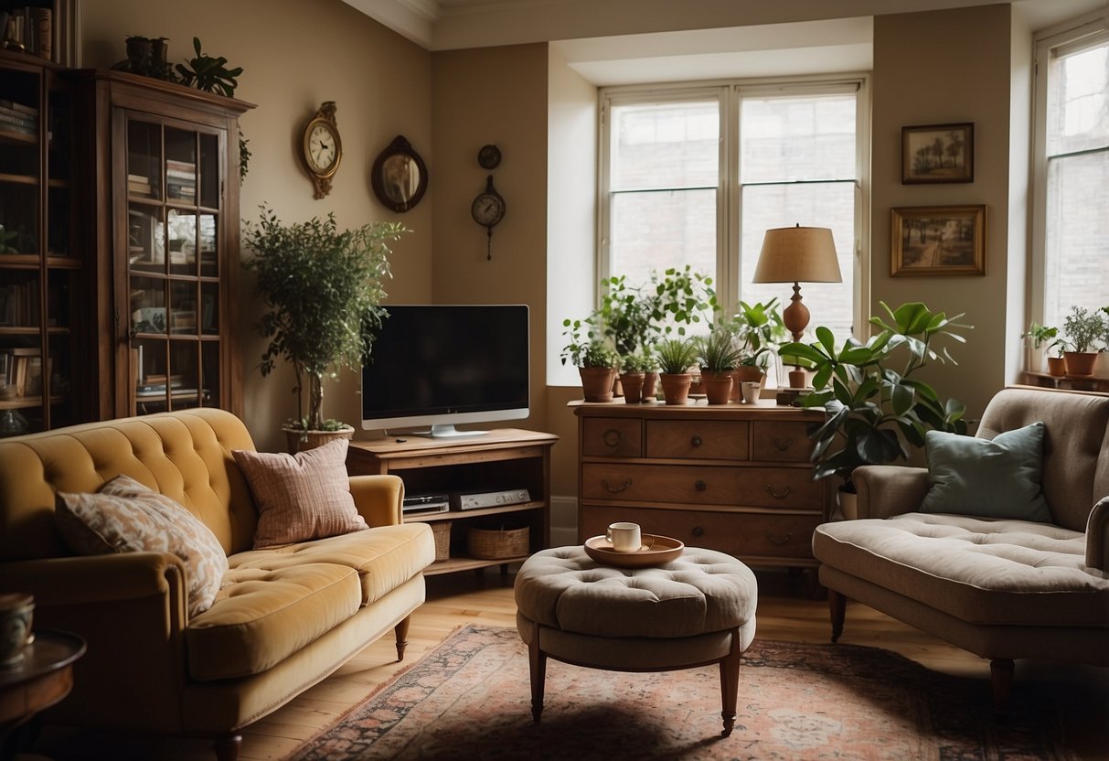 A cozy living room with vintage furniture arranged neatly. A laptop displaying an attractive website for buying and selling old furniture