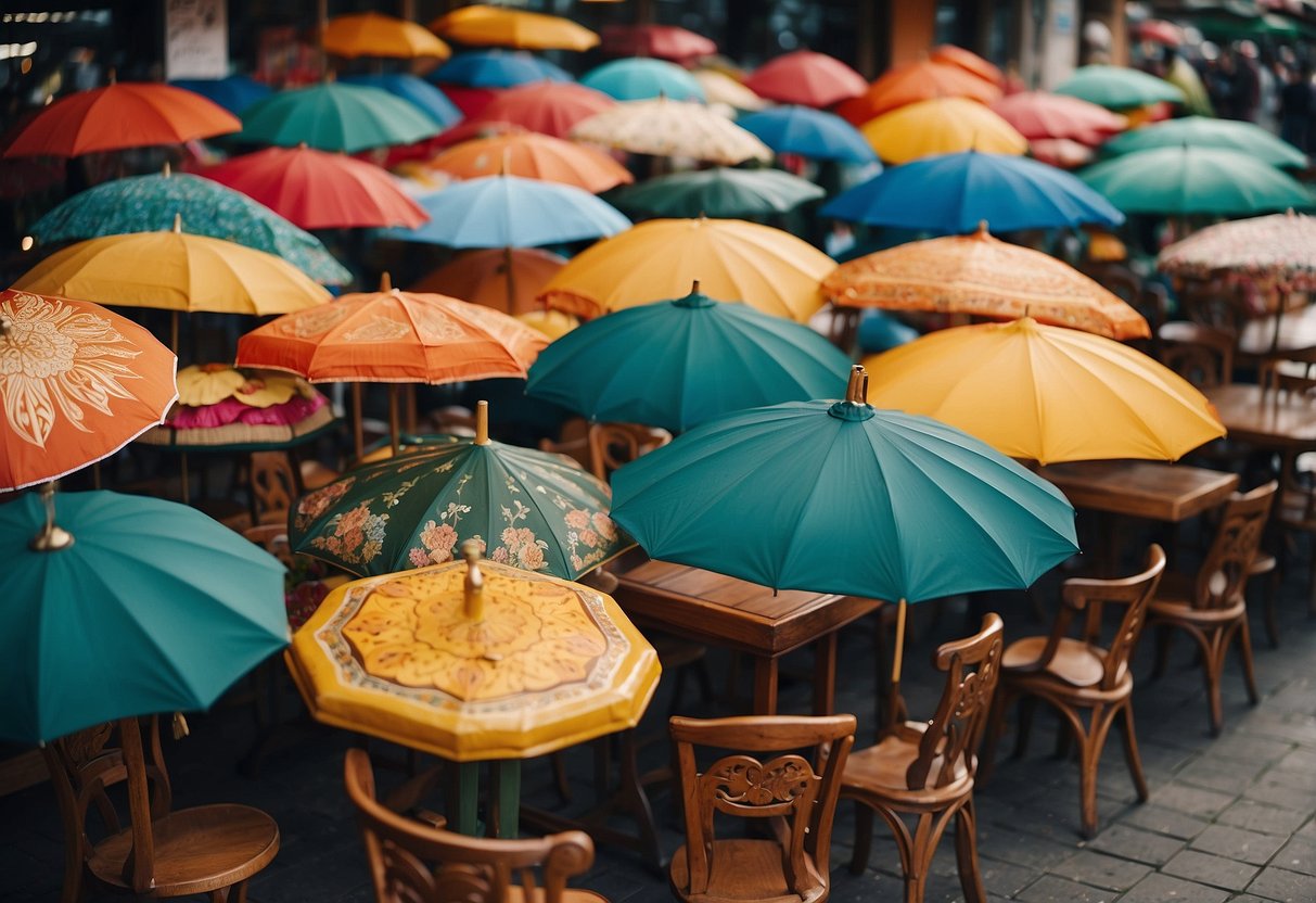 A bustling outdoor market filled with colorful umbrellas shading intricately carved wooden furniture displays