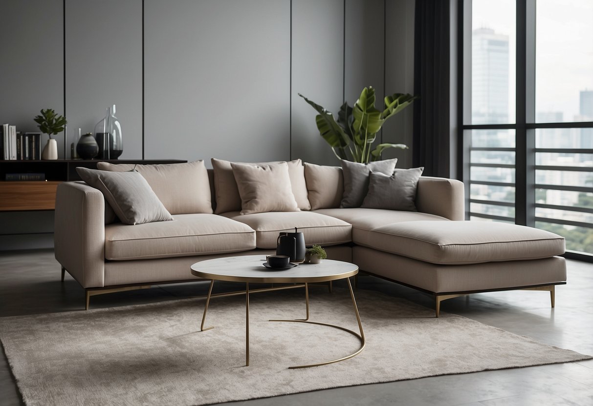 A room filled with modern furniture in a minimalist style. Clean lines, neutral colors, and sleek surfaces create a sense of simplicity and sophistication