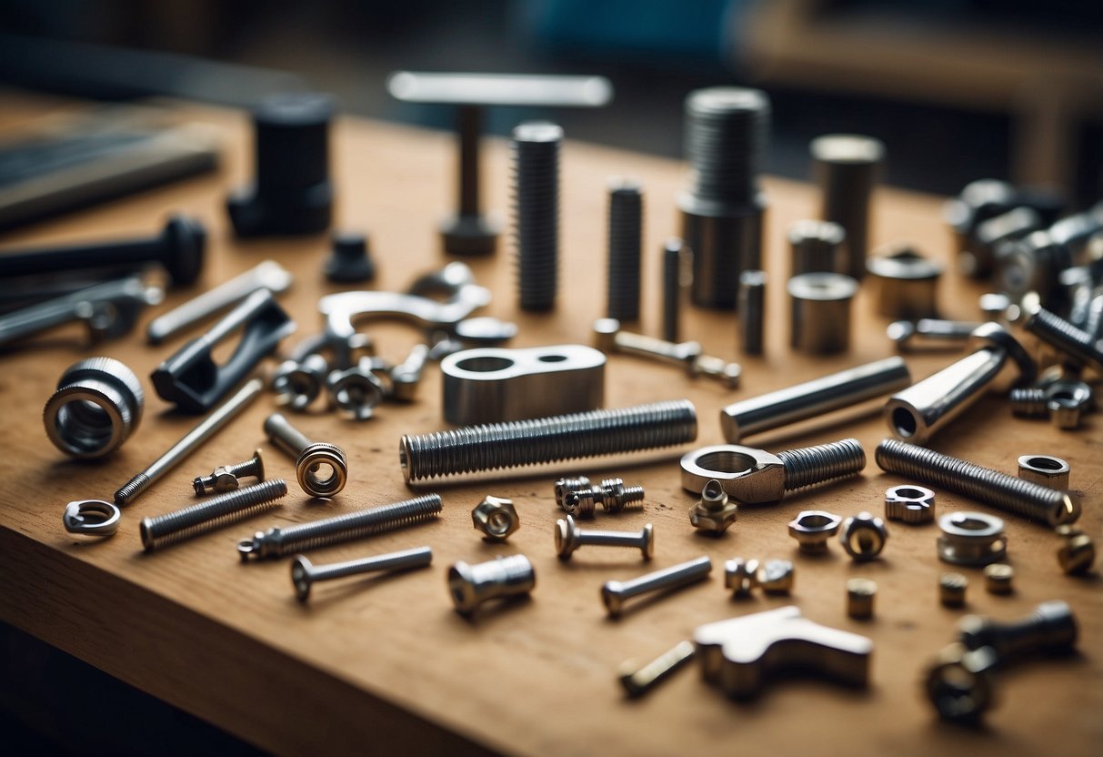 Various furniture parts scattered on a workbench, including screws, bolts, and brackets. A manual and tools are nearby