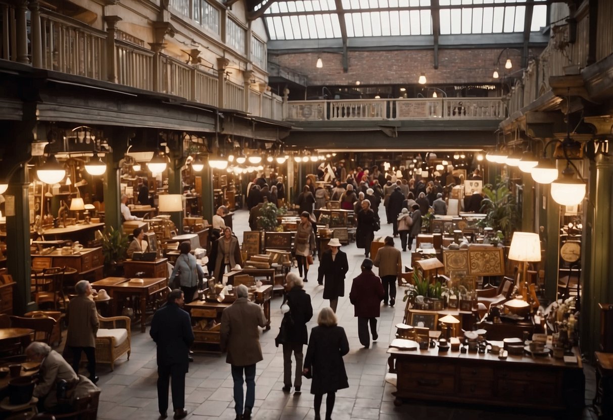 A bustling marketplace with people browsing and haggling over vintage furniture. Signs and banners advertise "Frequently Asked Questions" about buying and selling old furniture