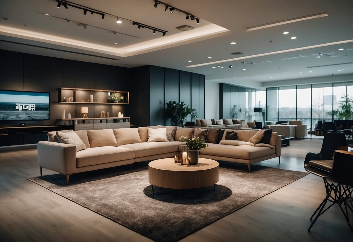 A spacious showroom with modern furniture displays, bright lighting, and a minimalist design aesthetic