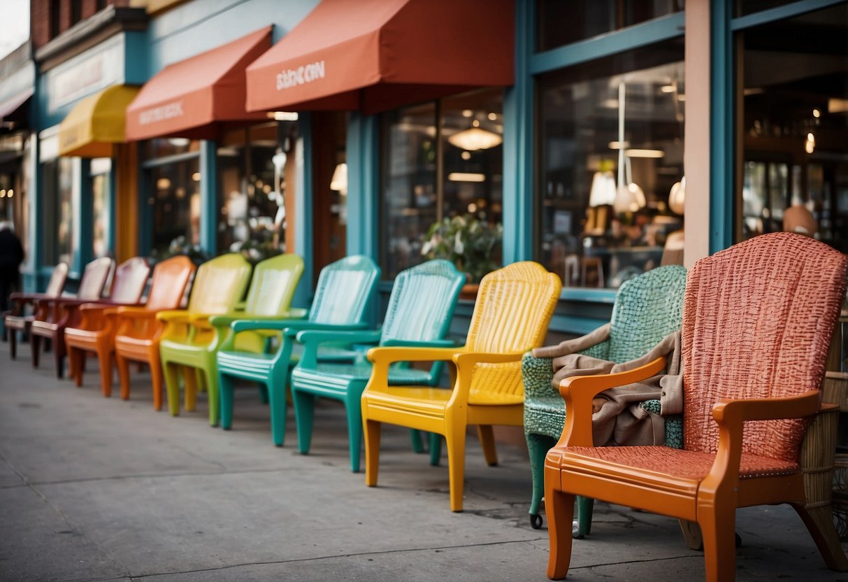 Vibrant furniture shops line the bustling streets of Turf City, showcasing a diverse range of styles and designs. Brightly colored chairs, sleek modern tables, and intricate wooden cabinets catch the eye of passersby