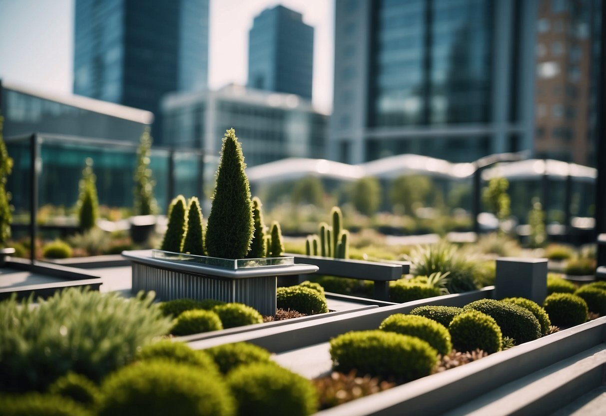 A bustling cityscape with modern buildings and green spaces, featuring Turf City's unique furniture and urban design