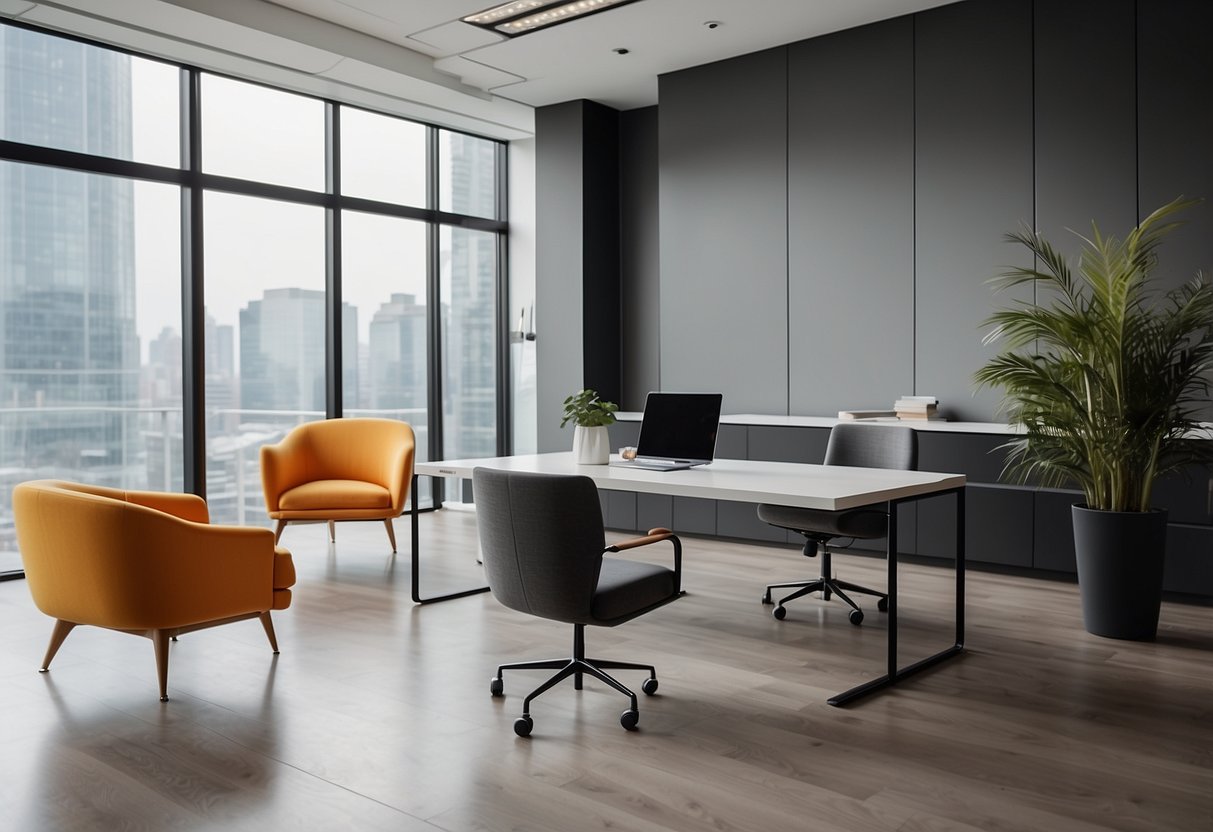 A modern office with sleek furniture and a minimalist design, showcasing the brand "Total Direct Furniture."