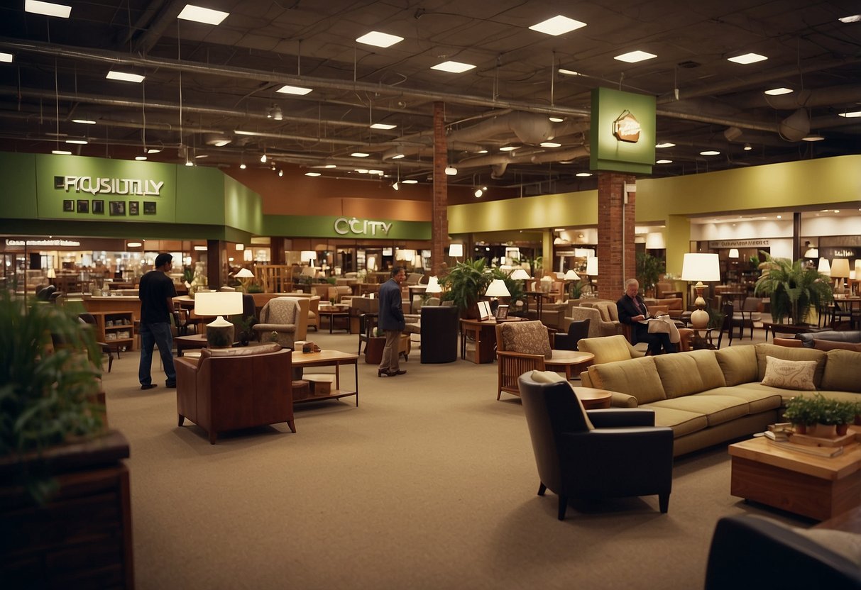 A bustling furniture store with customers browsing, staff assisting, and signs displaying "Frequently Asked Questions" at Turf City