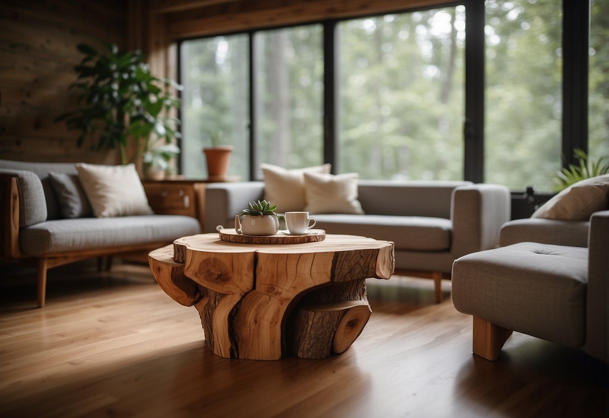 A cozy living room with tree furniture: a coffee table made of a cross-section of a tree trunk, wooden chairs, and a bookshelf crafted from branches