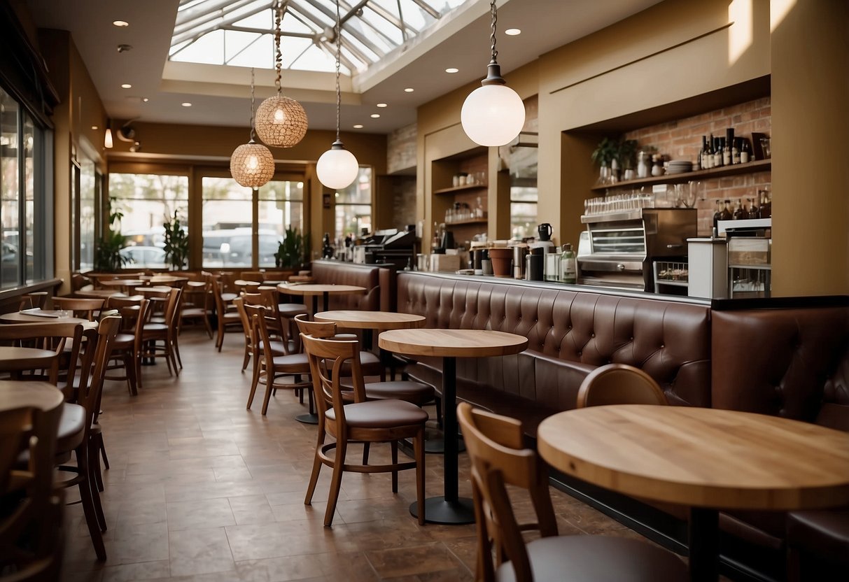 The cafe furniture is arranged neatly, with tables and chairs placed in an inviting manner. The design includes a variety of styles, from modern to classic, and the layout allows for easy movement and socializing