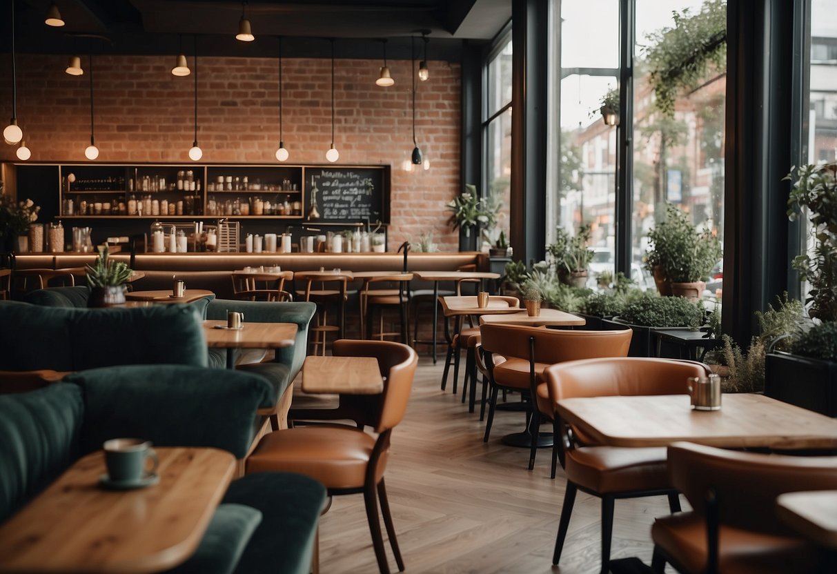 A cozy cafe with various furniture pieces, including tables, chairs, and sofas, arranged in a welcoming and stylish manner