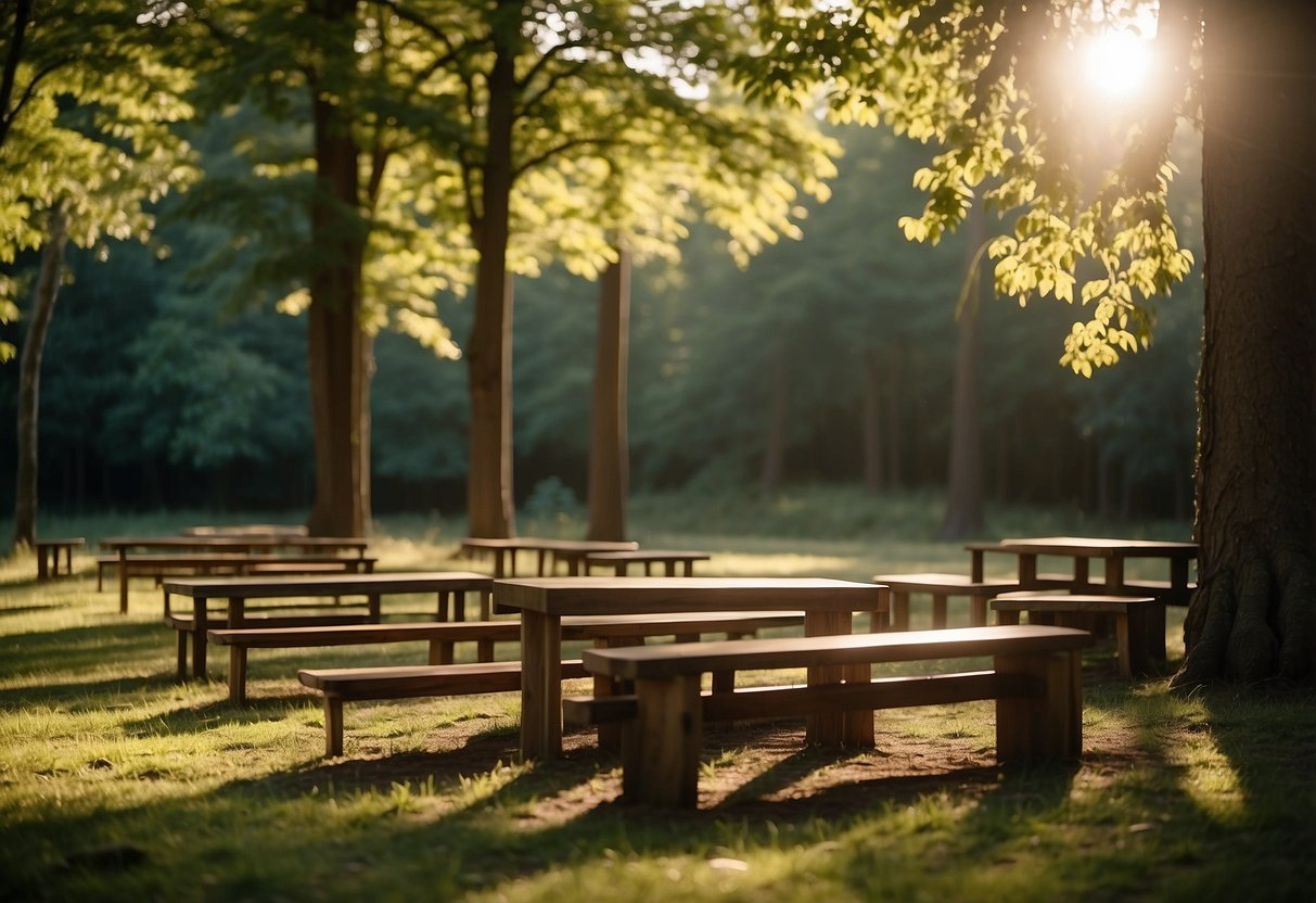 A variety of tree furniture, including chairs, tables, and benches, is arranged in a lush forest clearing. The sun filters through the leaves, casting dappled shadows on the natural wooden pieces