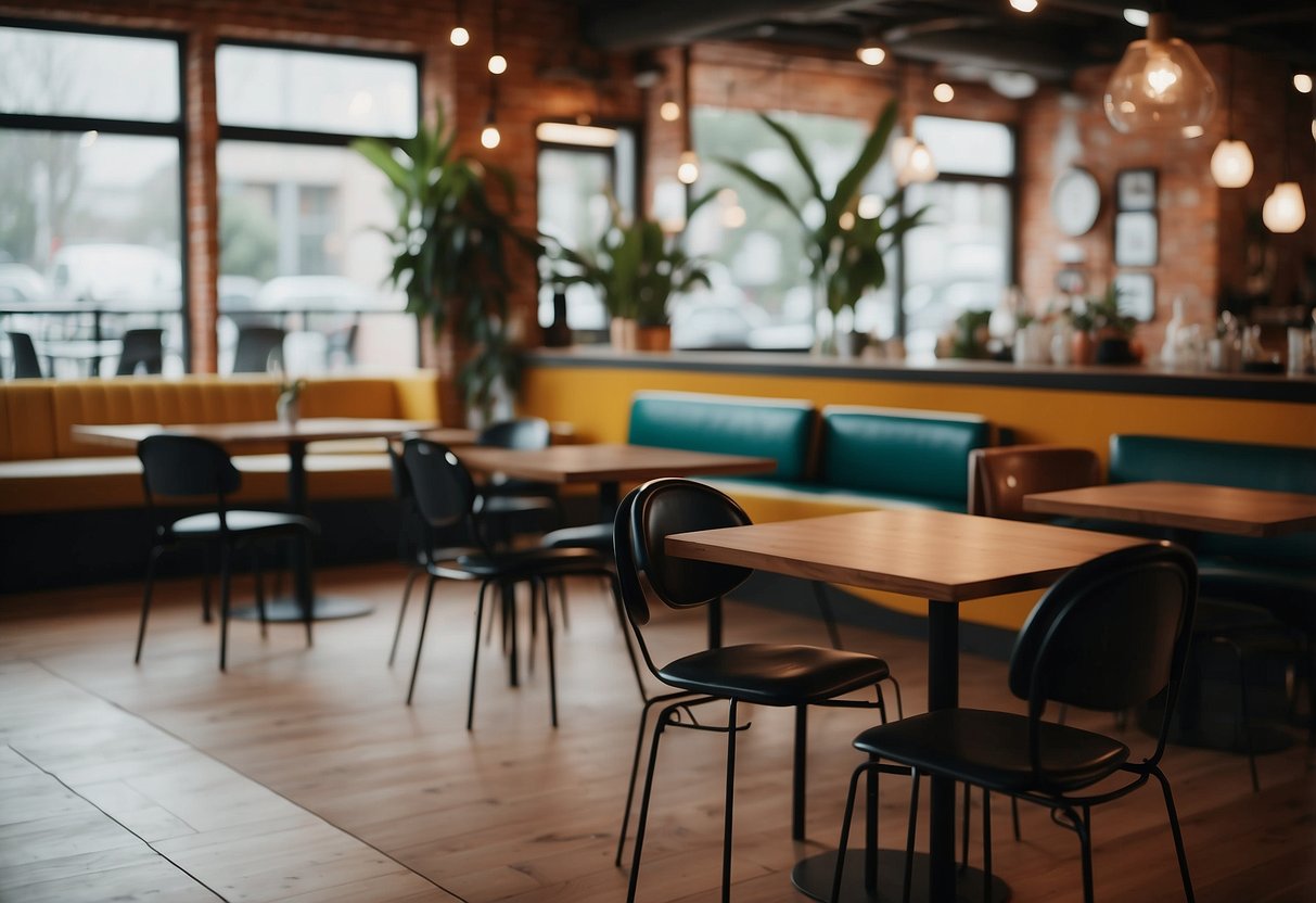 A cozy cafe with modern furniture, CAD blocks, and a vibrant community of designers collaborating and networking