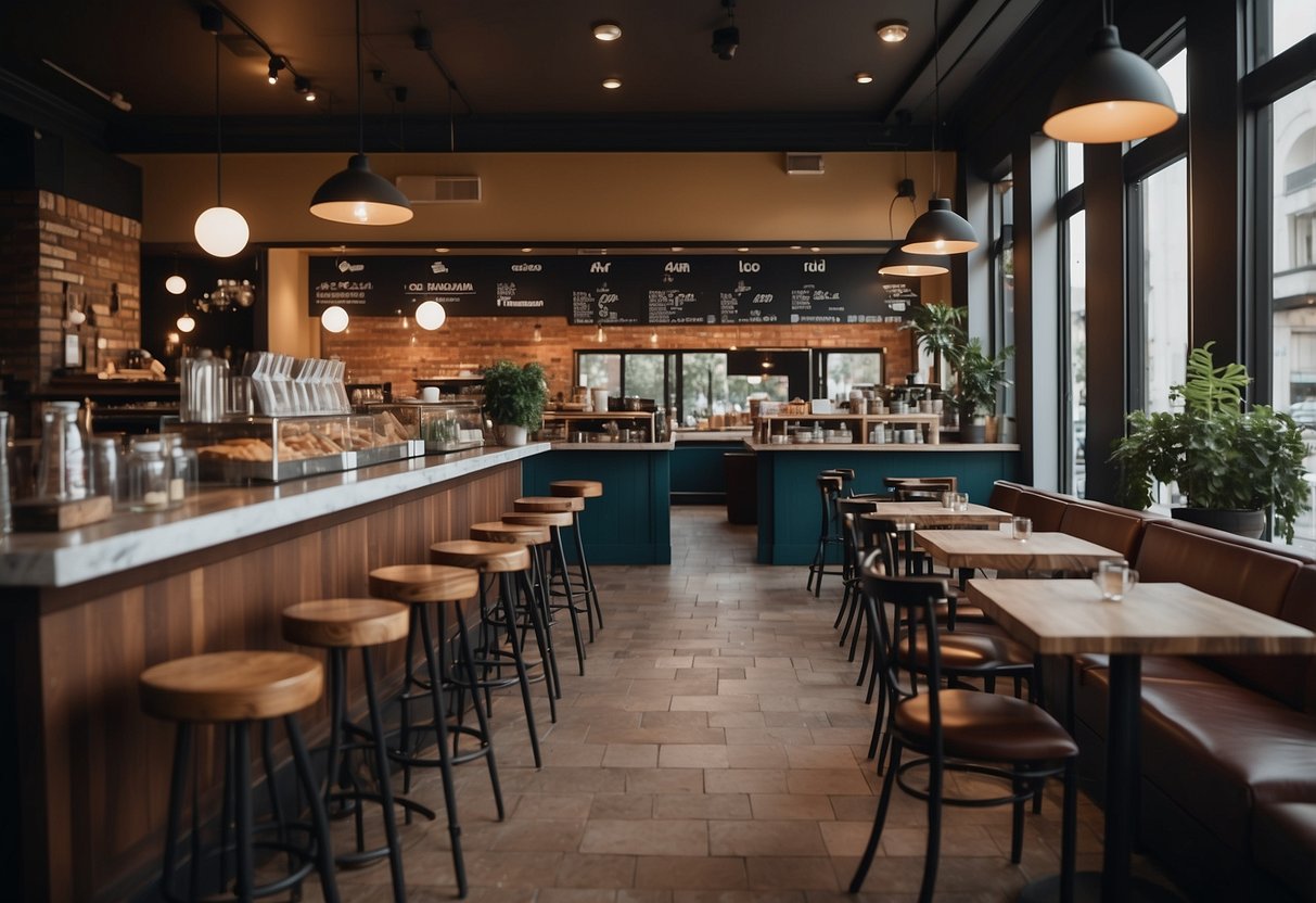 A cozy cafe setting with tables, chairs, and a counter. Various furniture blocks are scattered around the space, creating a welcoming and relaxed atmosphere for customers