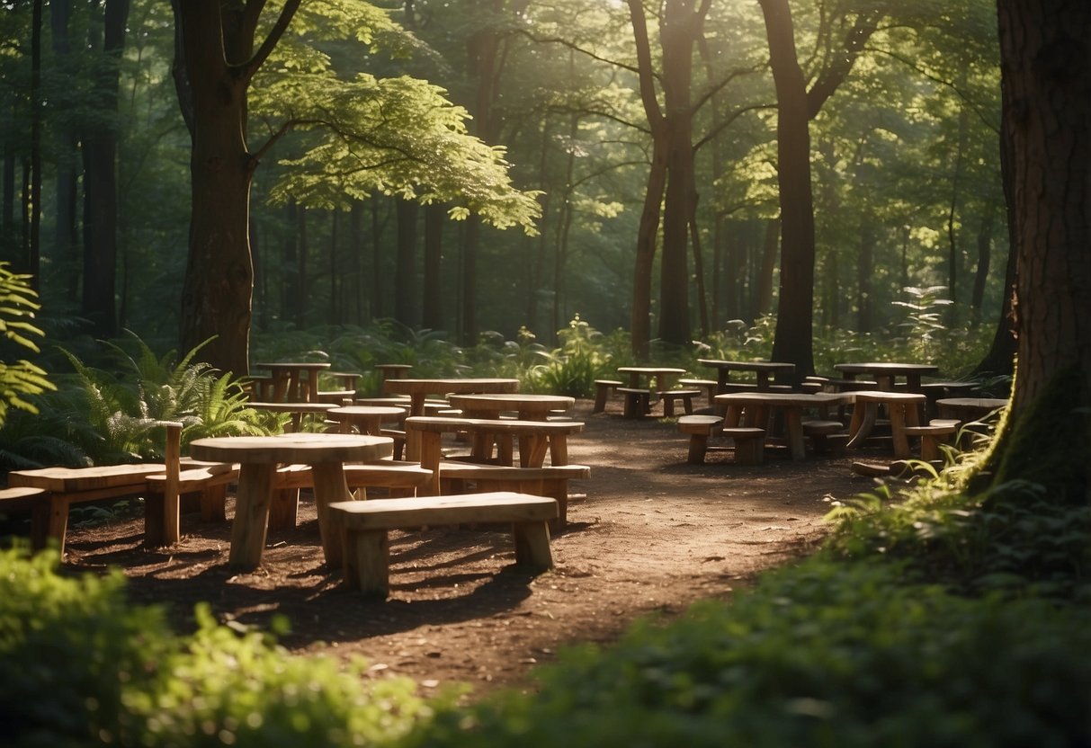 A cozy forest clearing with a variety of tree furniture displayed for purchase, surrounded by lush greenery and dappled sunlight filtering through the leaves