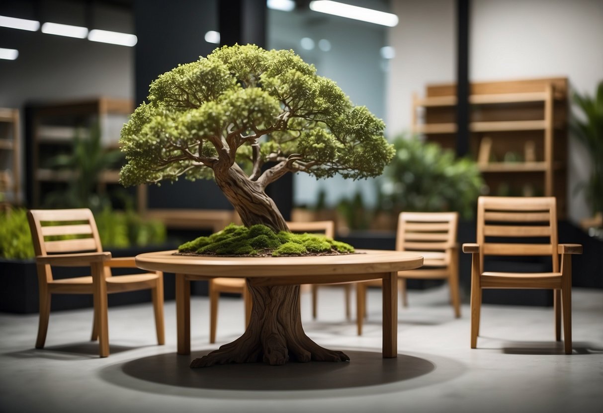 A tree grows unique furniture pieces: chairs, tables, and shelves. Customers browse and admire the natural creations
