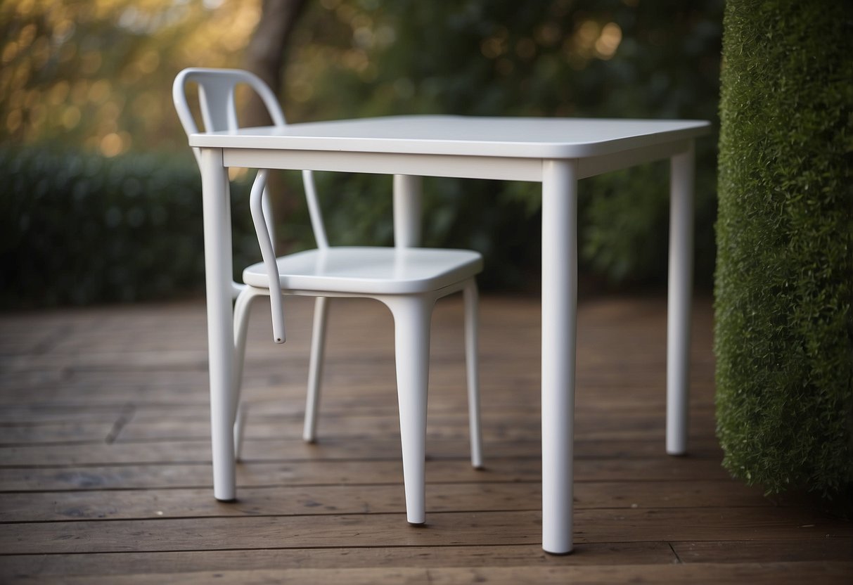 A table with short legs has extenders attached, raising the height. A chair also has leg extenders installed, increasing its length