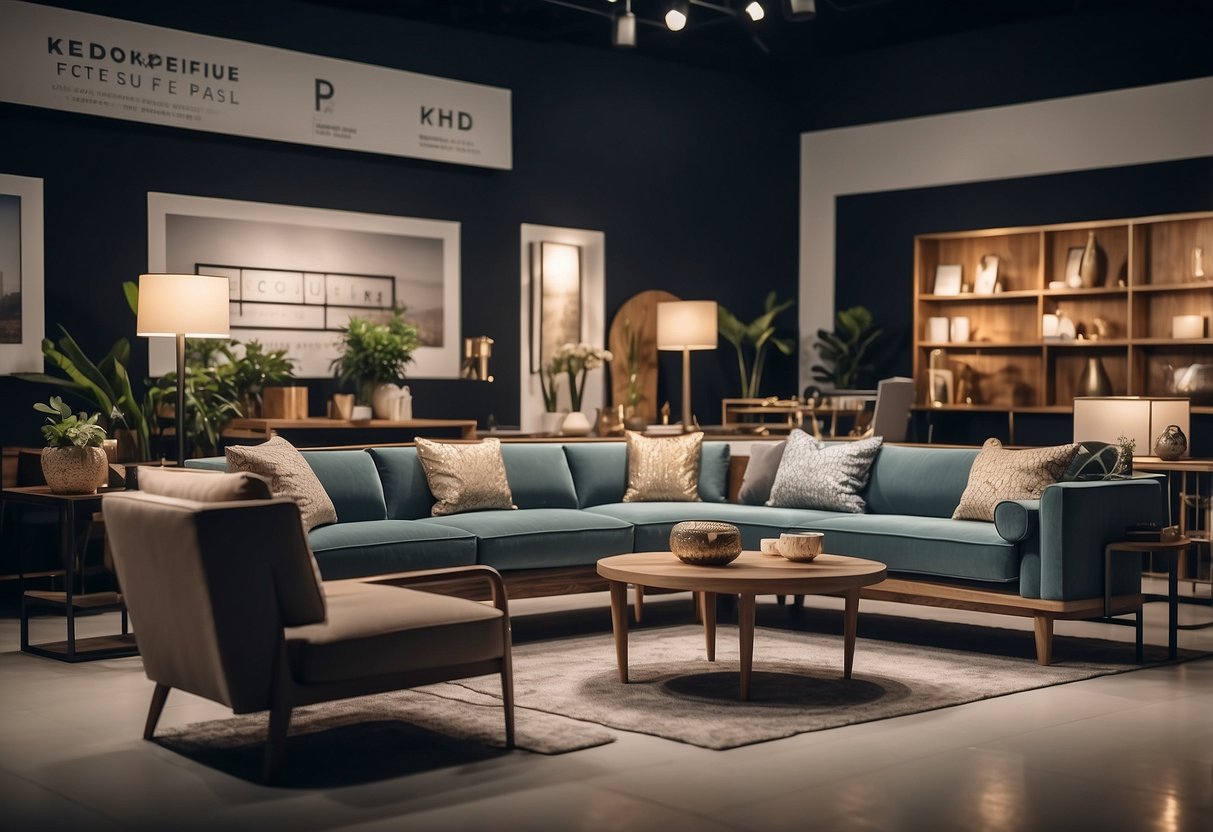 A showroom displays various furniture with price tags