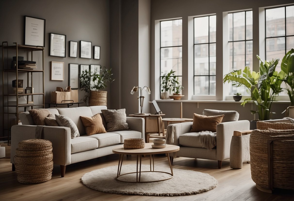 A room with various furniture pieces labeled with rental prices. Clear pricing tags and a price list displayed prominently