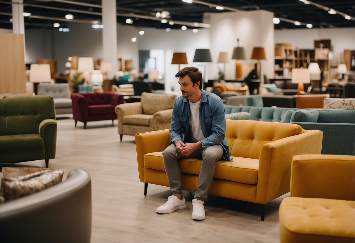 A person browsing through a variety of furniture options, comparing prices and styles at a furniture rental service showroom