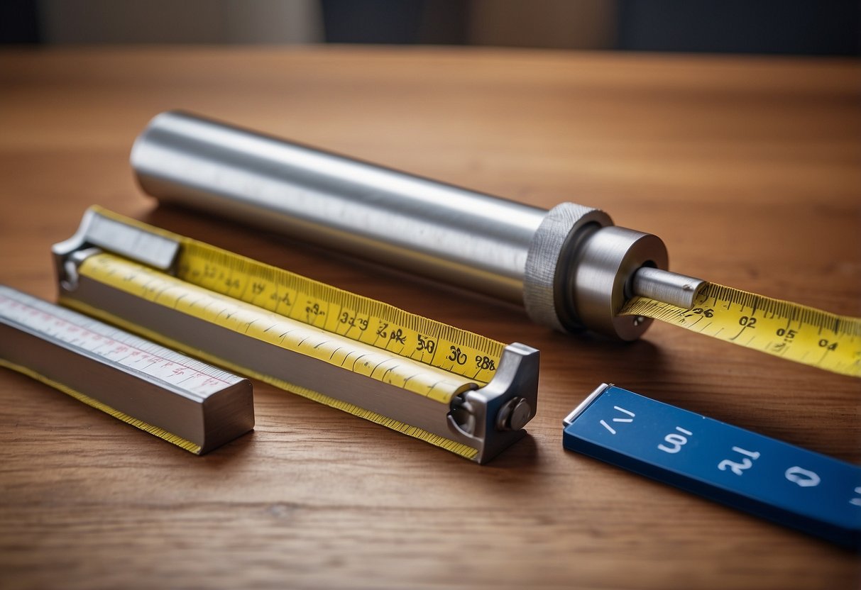 A stack of furniture leg extenders on a wooden table, with a measuring tape and a set of instructions next to them