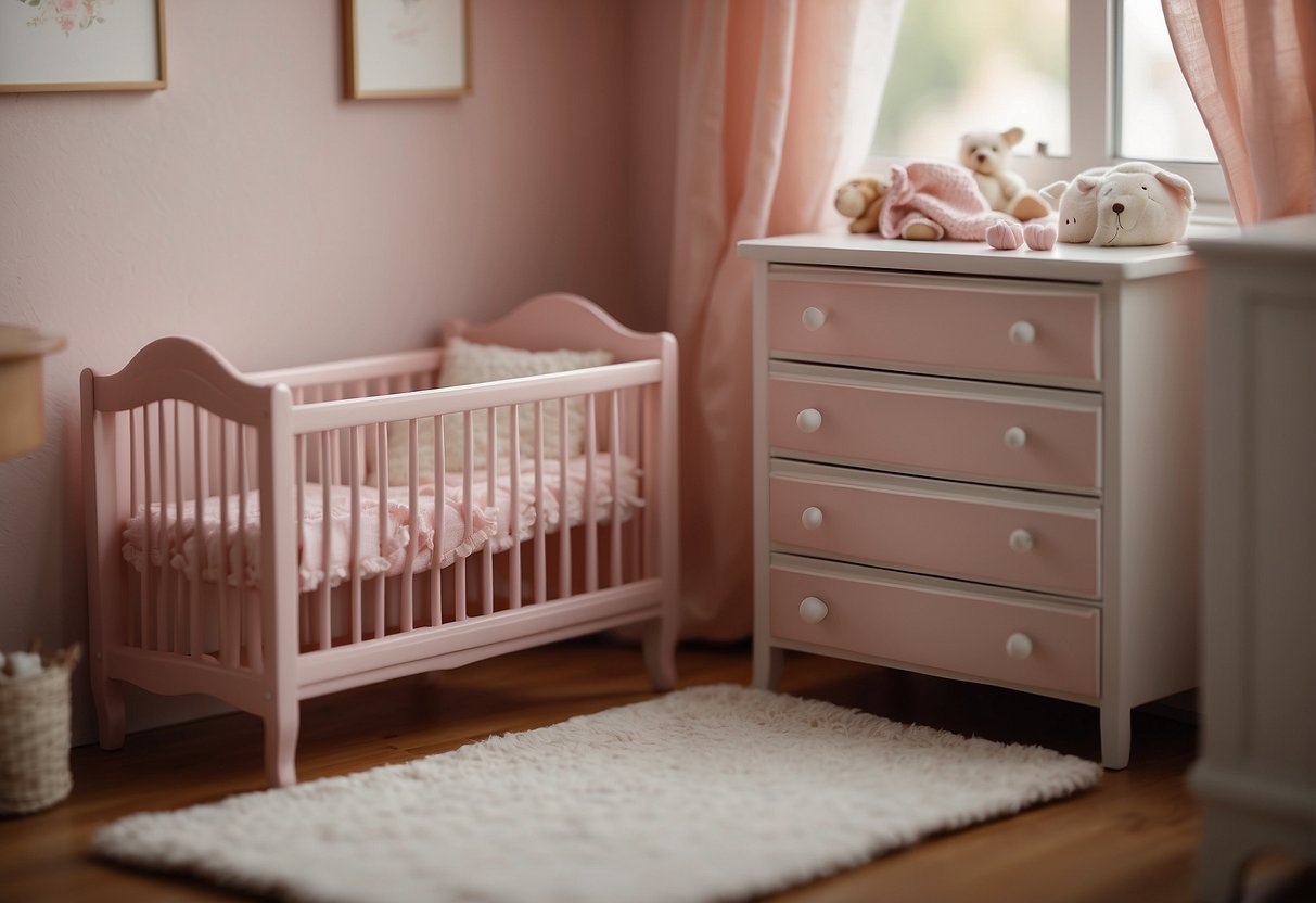 A miniature crib with a soft pink blanket, a tiny high chair, and a small dresser with tiny drawers for baby doll clothes