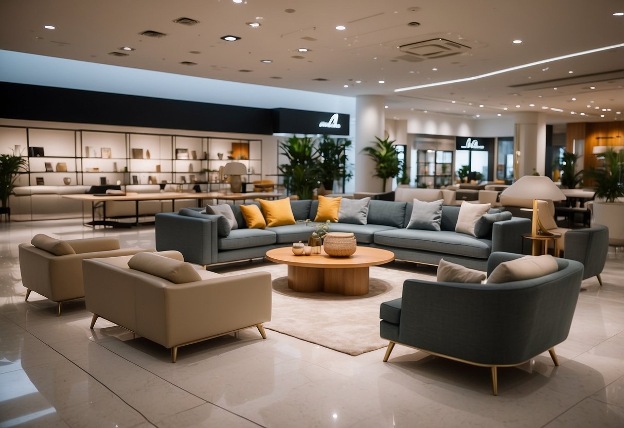 A spacious showroom displays modern furniture at Thomson Plaza. Bright lighting and clean lines create an inviting atmosphere for shoppers