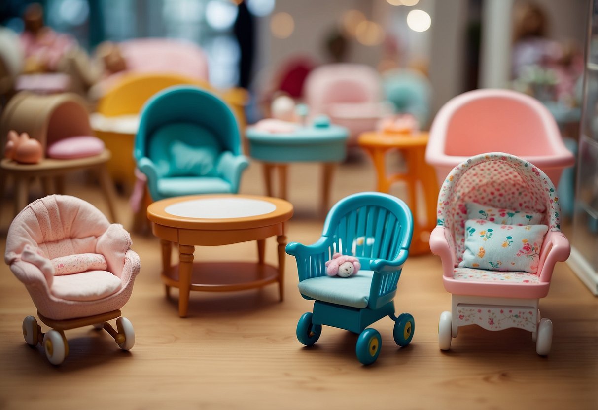 A variety of baby doll furniture is displayed in a spacious, well-lit showroom, including cribs, high chairs, and strollers. Bright colors and playful designs create a cheerful atmosphere
