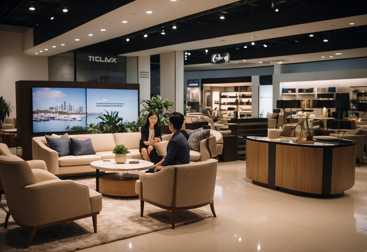 Customers browsing furniture displays at Thomson Plaza, examining various options and discussing with sales staff
