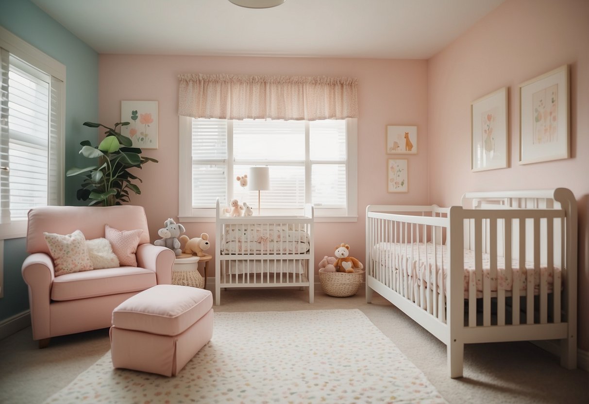 A cozy nursery with a miniature crib, high chair, and changing table. Soft pastel colors and cute animal prints adorn the furniture