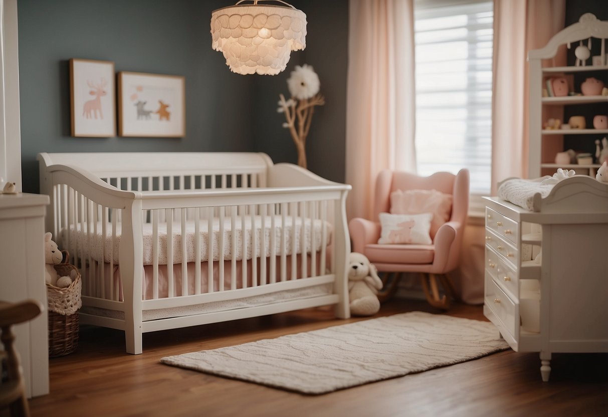 A cozy nursery with a variety of miniature baby doll furniture arranged neatly, including a crib, high chair, and changing table