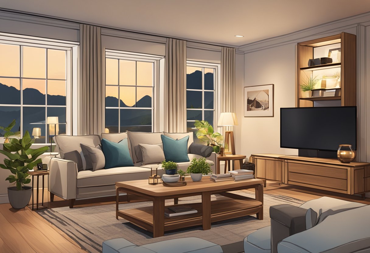 A cozy living room with teakco furniture, featuring a comfortable sofa, elegant coffee table, and stylish bookshelf. The warm lighting and inviting atmosphere create a welcoming customer experience