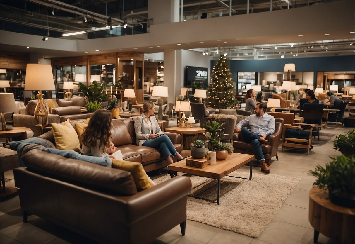 A crowded furniture store with customers browsing and staff assisting. Displayed items include sofas, tables, and chairs. Signs indicate "Frequently Asked Questions" section