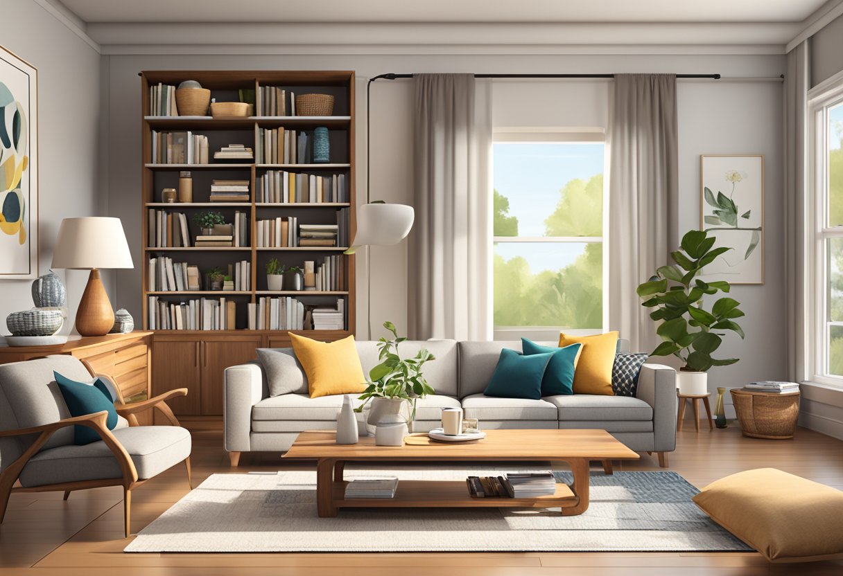 A cozy living room with Teakco furniture, featuring a modern sofa, coffee table, and bookshelf. Bright natural light fills the space, creating a warm and inviting atmosphere