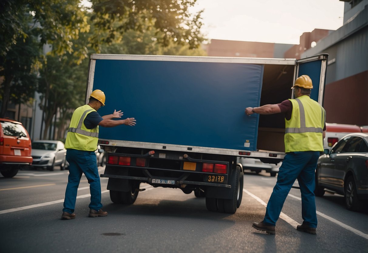 Furniture being loaded onto a moving truck by two workers