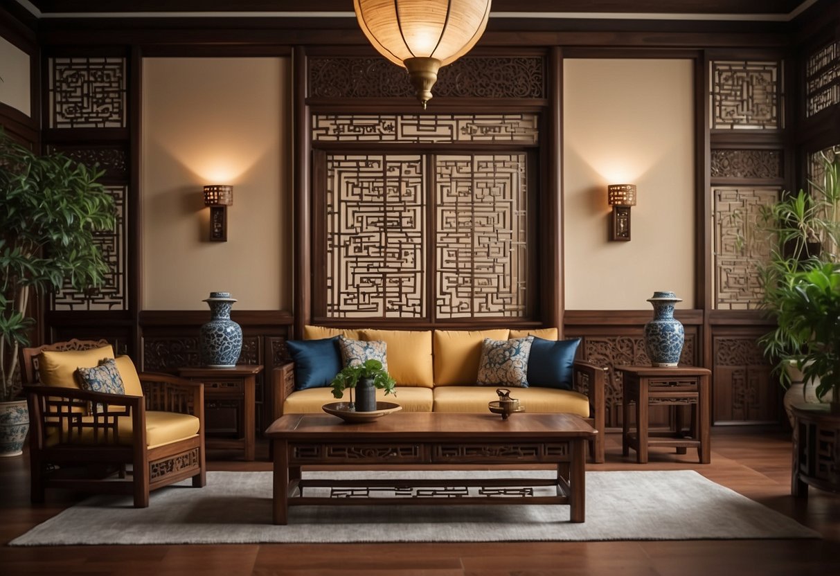 A Chinese oak furniture set arranged in a traditional living room with intricate carvings and ornate details