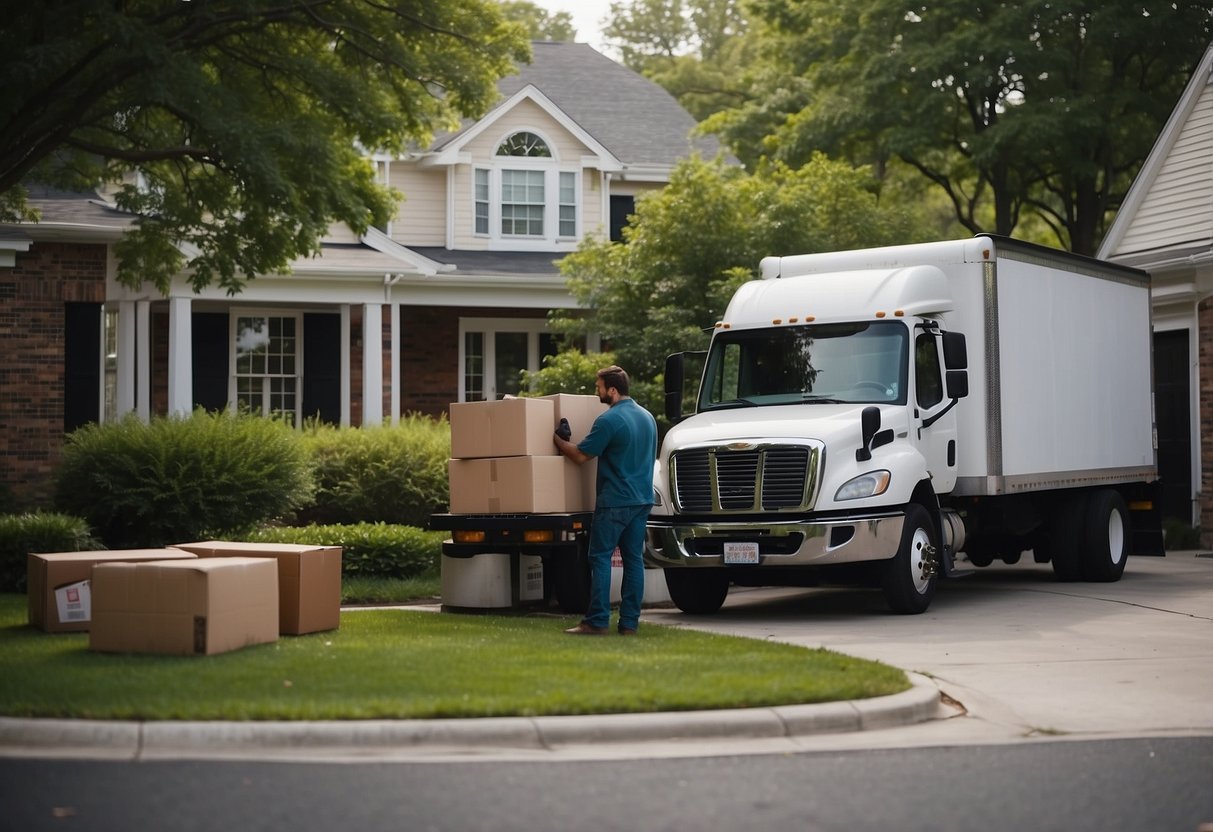 A moving truck parked outside a house, with movers carrying furniture out and loading it onto the truck