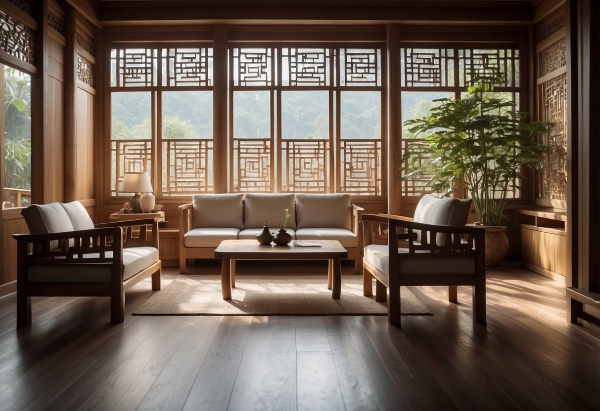 A serene Chinese oak furniture set in a minimalist room, bathed in soft natural light, showcasing intricate carvings and elegant craftsmanship