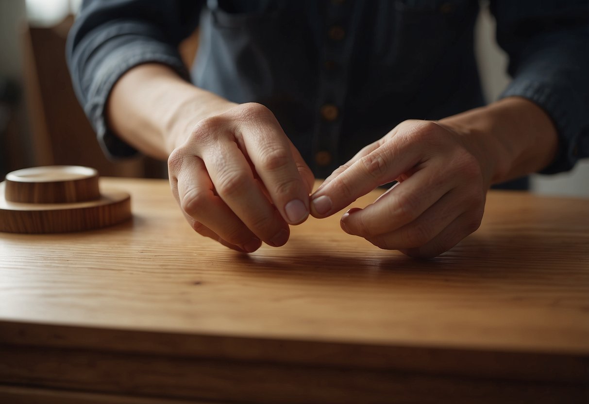 A person carefully selects and polishes a chinese oak furniture piece in a well-lit room with a cozy atmosphere