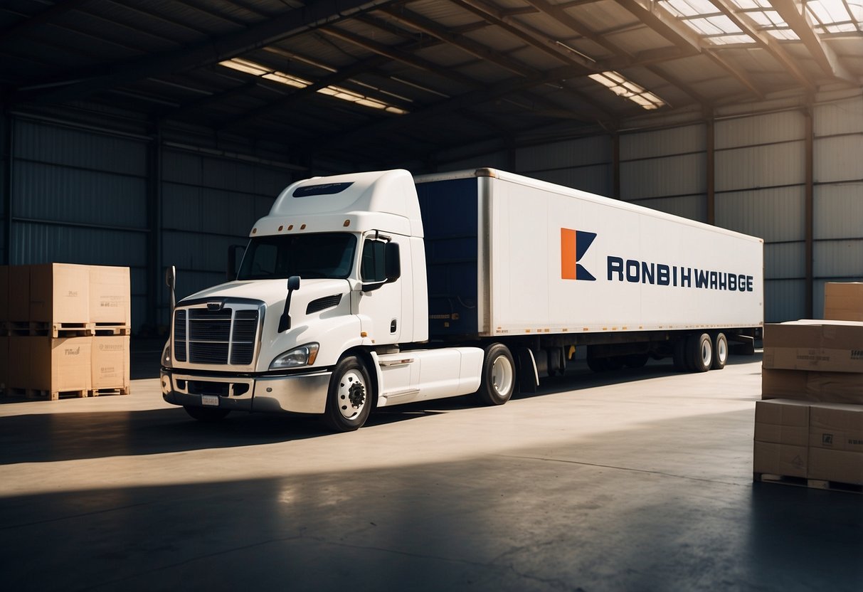 A large truck with the company logo pulls up to a warehouse, where workers carefully load and secure various pieces of furniture onto the vehicle