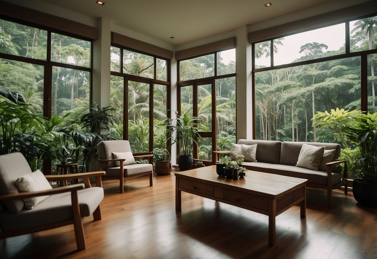 A cozy living room in a Singaporean woodland, with elegant wooden furniture and lush greenery peeking through the windows
